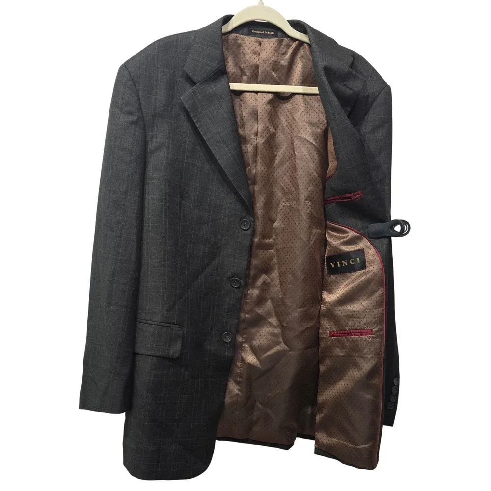 Vinci Mens Blazer 42R Charcoal Gray Windowpane Plaid 3 Button Suit Jacket